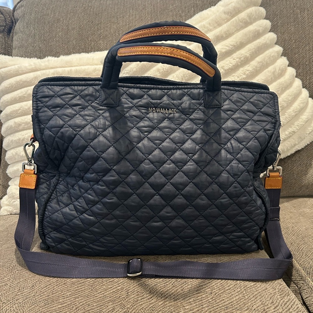 MZ Wallace Quilted Navy and Tan Travel Tote Bag